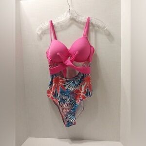 Pink Tropical Floral Cutout Tie Back Swimsuit Size M